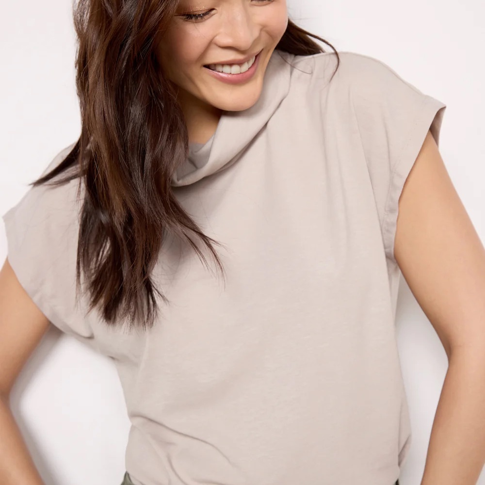 Evereve Short Sleeve Mock Neck Top in Light Beige - Picture 2 of 12